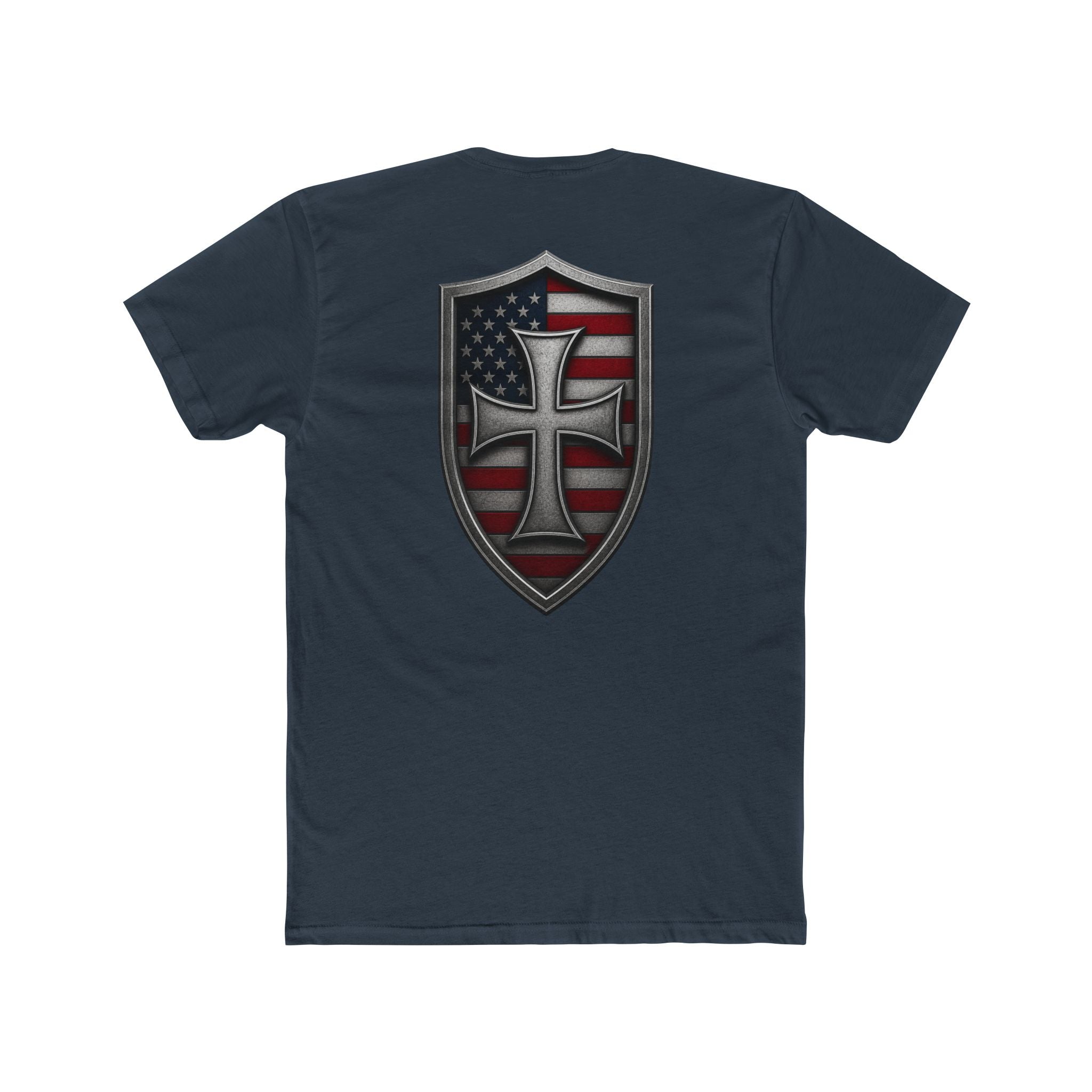 T-Shirt — Shield Crusader Cross with American Flag Graphic
