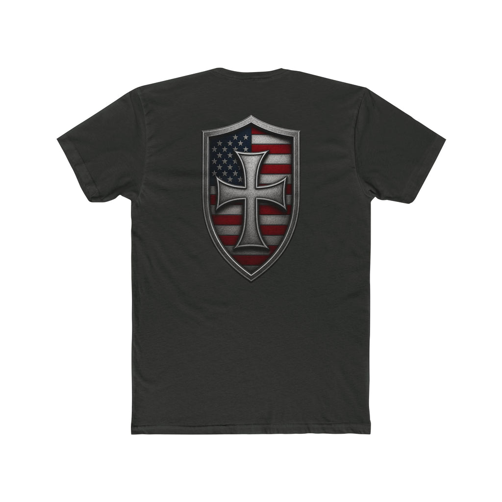 T-Shirt — Shield Crusader Cross with American Flag Graphic