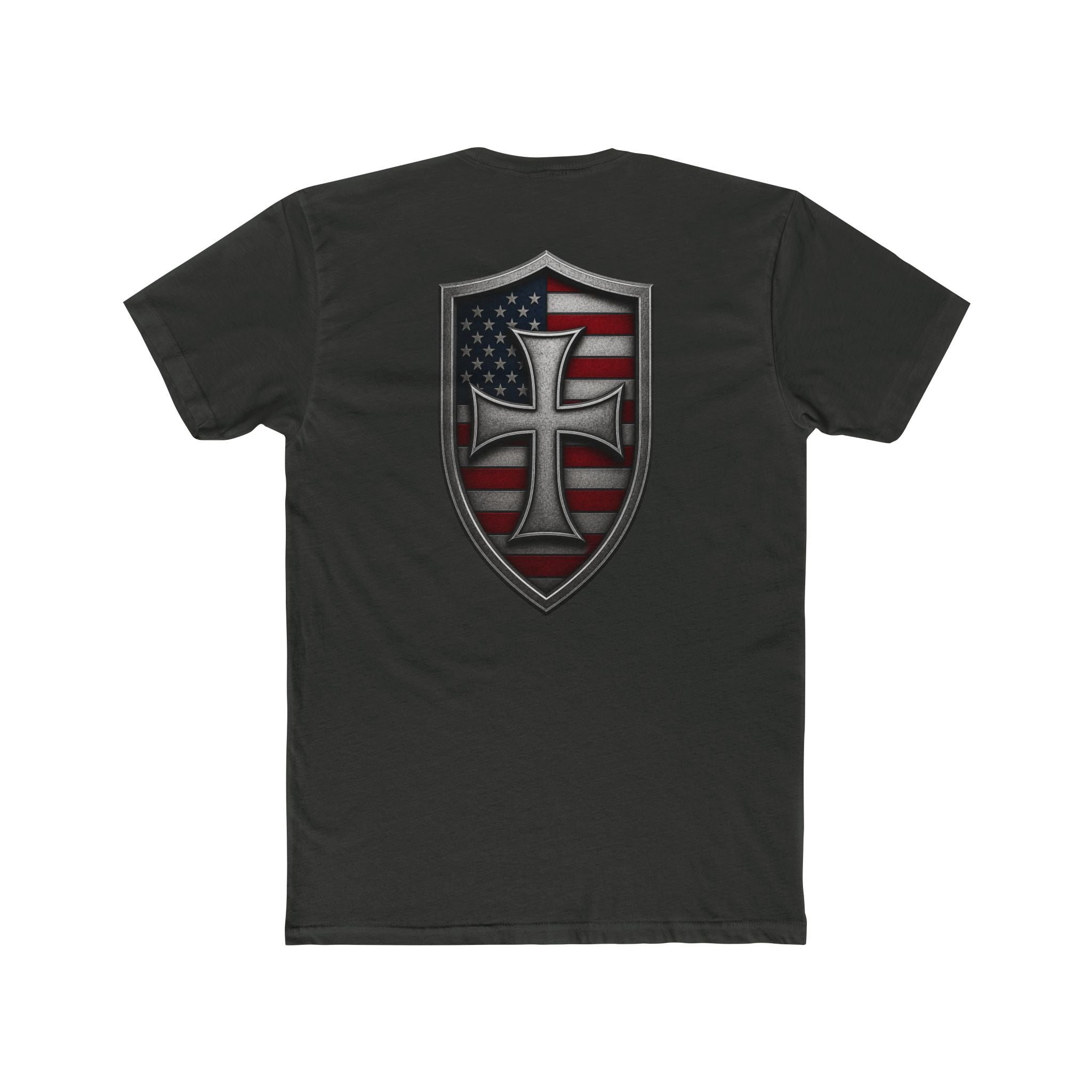 T-Shirt — Shield Crusader Cross with American Flag Graphic