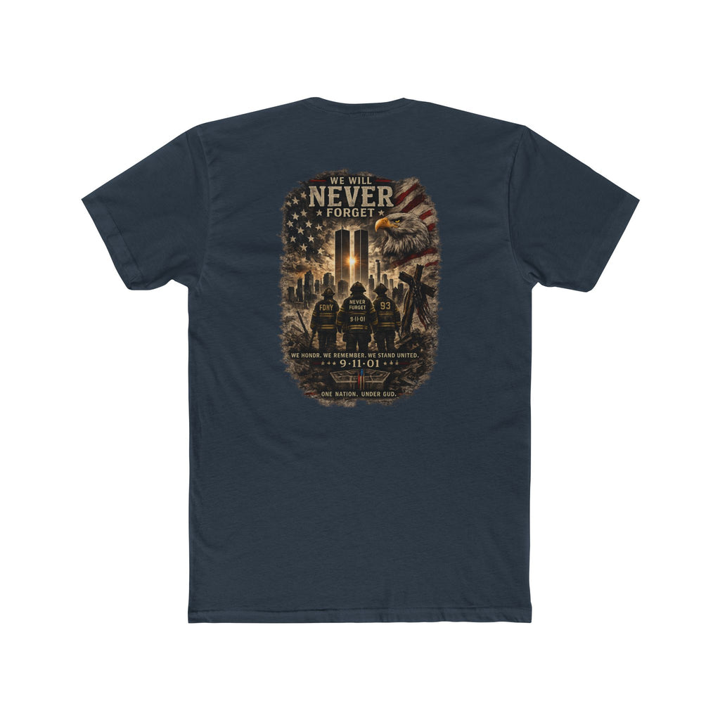 9/11 Never Forget Memorial T‑Shirt — Tribute Tee with Twin Towers Firefighters Design
