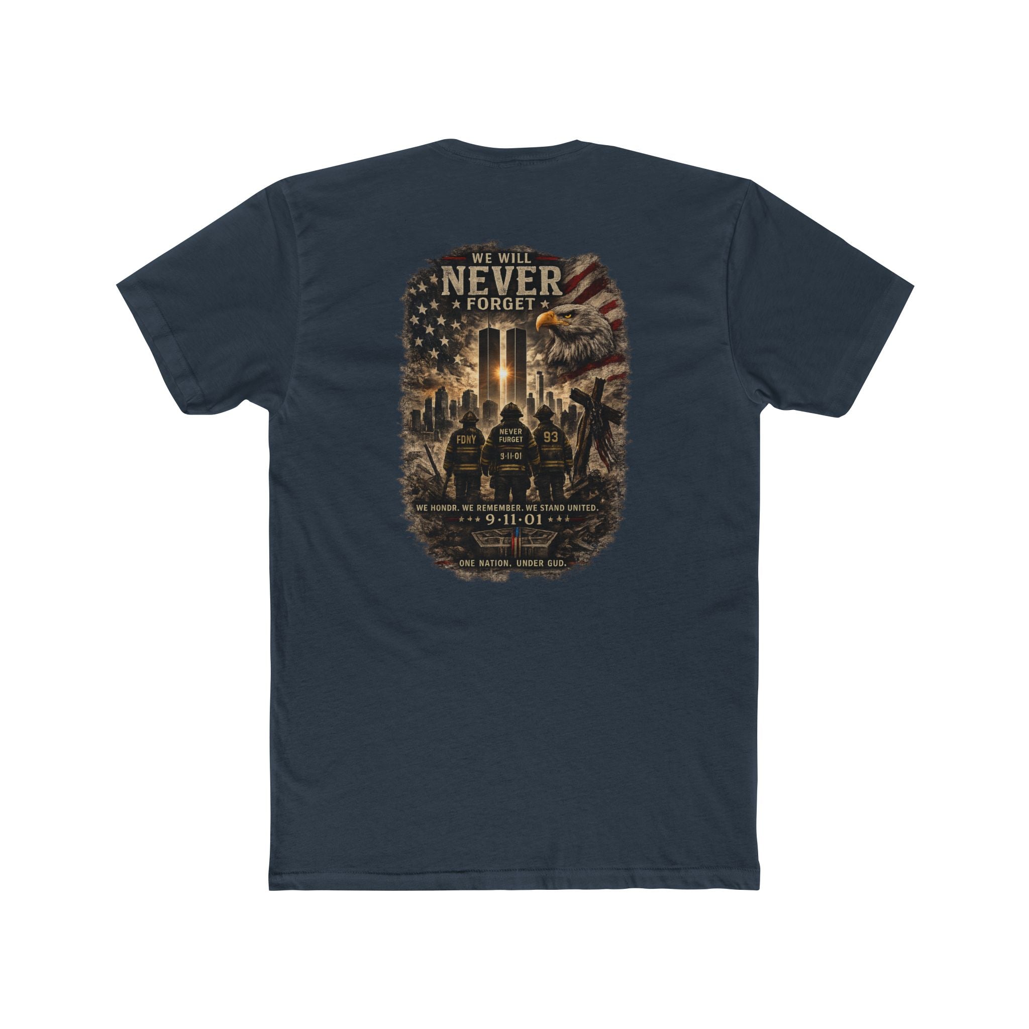 9/11 Never Forget Memorial T‑Shirt — Tribute Tee with Twin Towers Firefighters Design