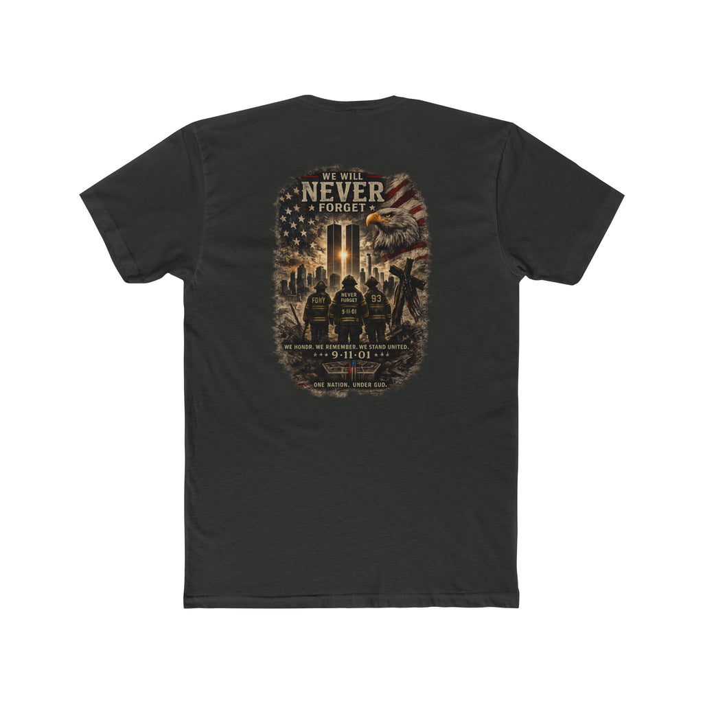 9/11 Never Forget Memorial T‑Shirt — Tribute Tee with Twin Towers Firefighters Design
