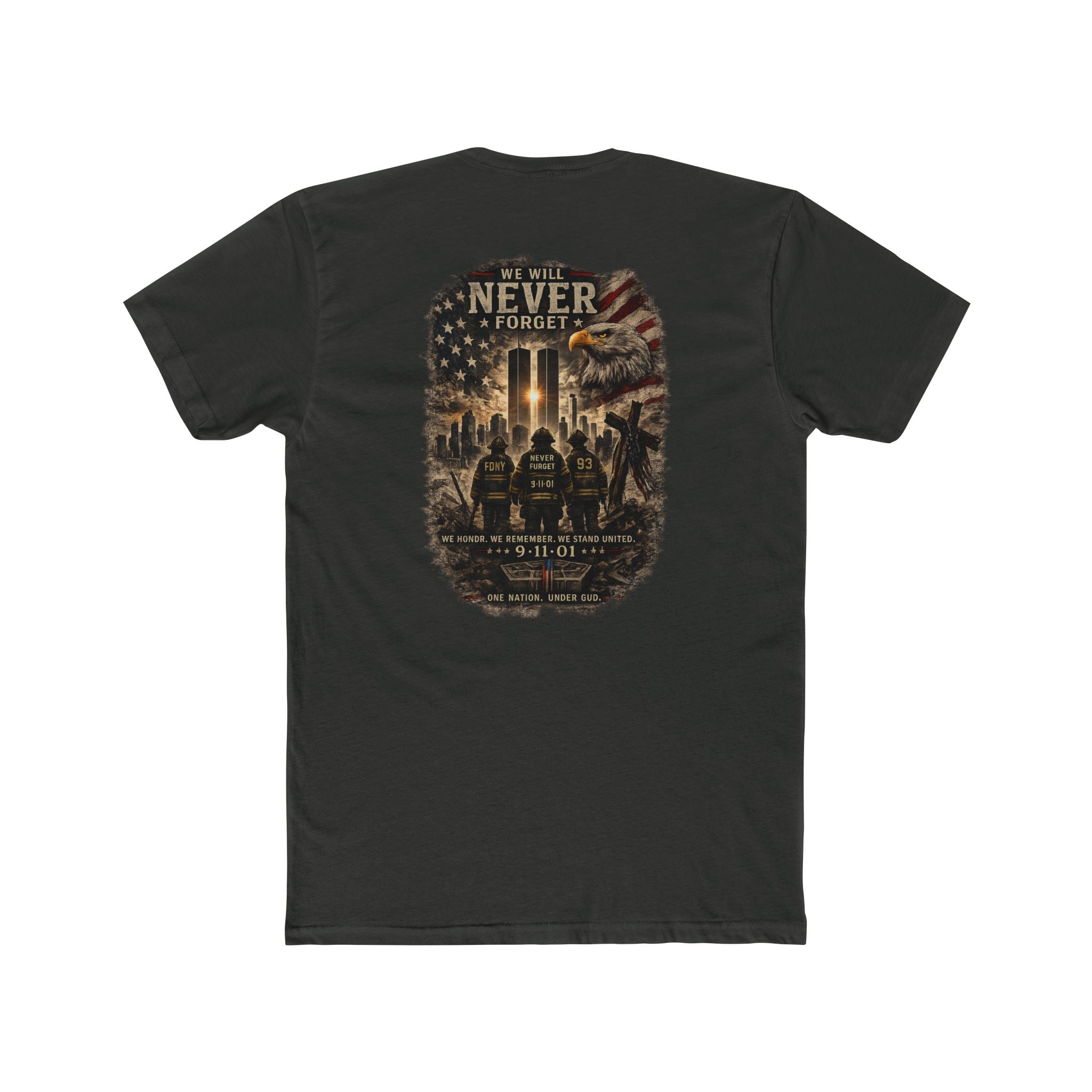 9/11 Never Forget Memorial T‑Shirt — Tribute Tee with Twin Towers Firefighters Design