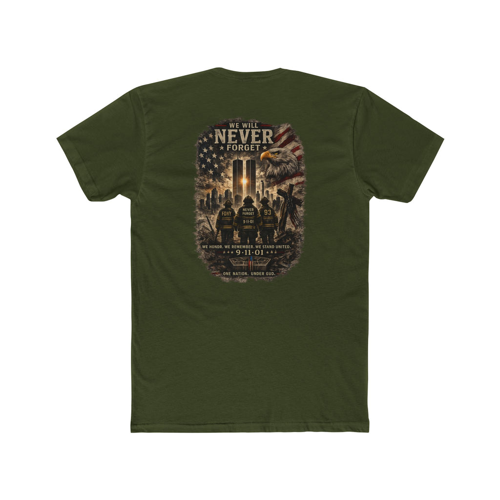 9/11 Never Forget Memorial T‑Shirt — Tribute Tee with Twin Towers Firefighters Design