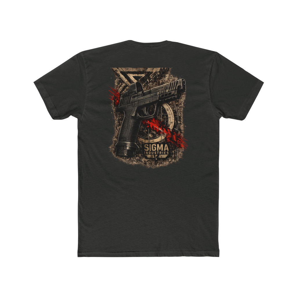 T-Shirt — 'SIGMA' Tactical Pistol Graphic Tee (black, distressed badge & handgun back print)