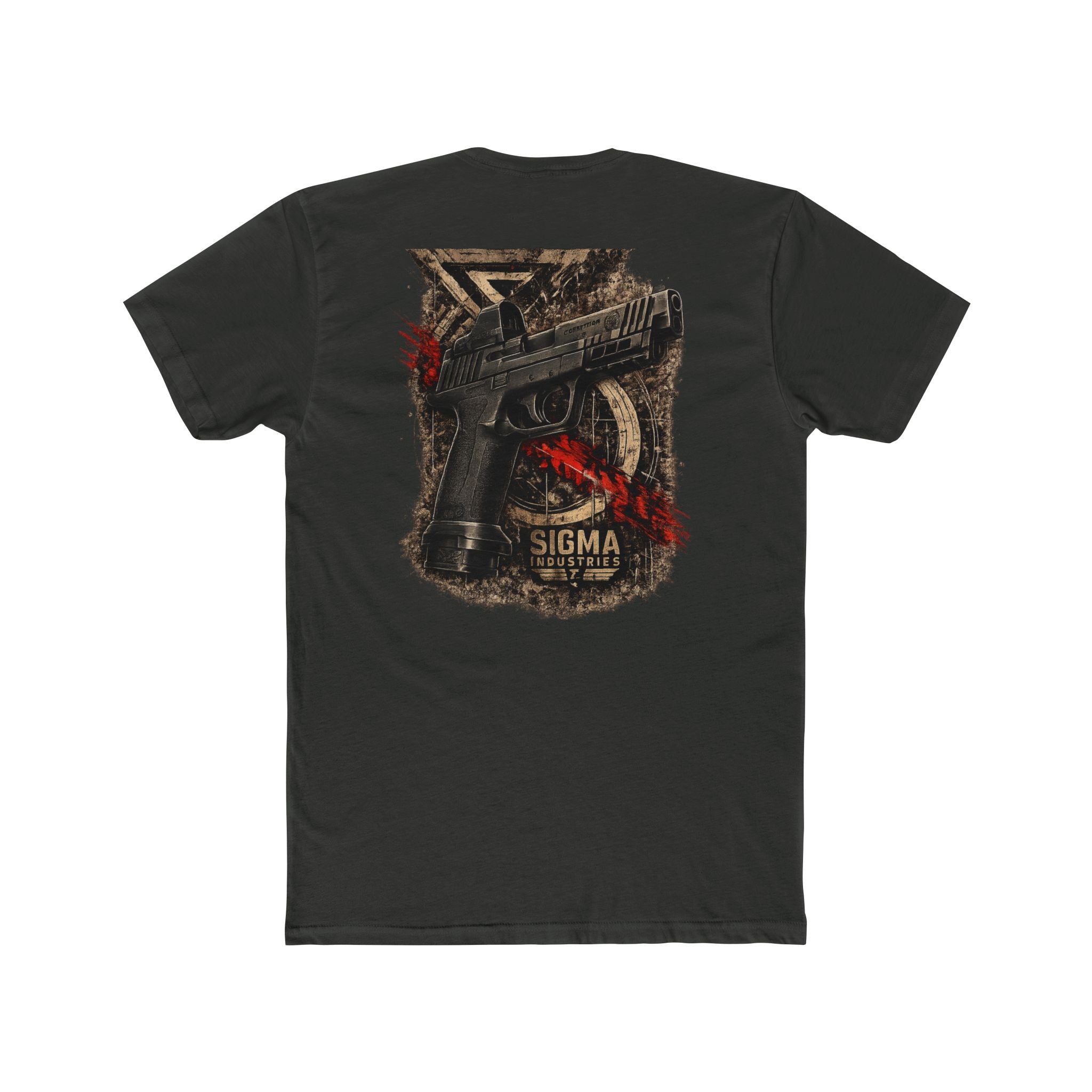 T-Shirt — 'SIGMA' Tactical Pistol Graphic Tee (black, distressed badge & handgun back print)