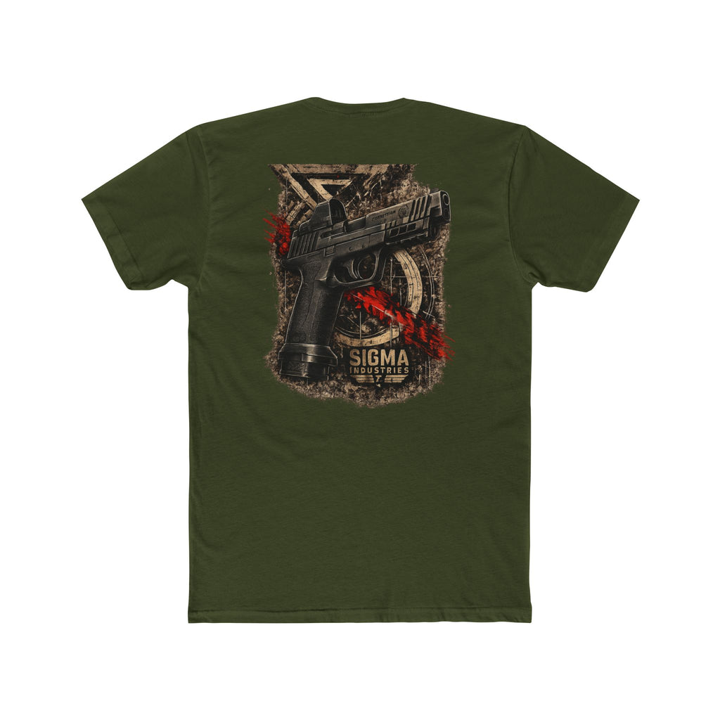T-Shirt — 'SIGMA' Tactical Pistol Graphic Tee (black, distressed badge & handgun back print)