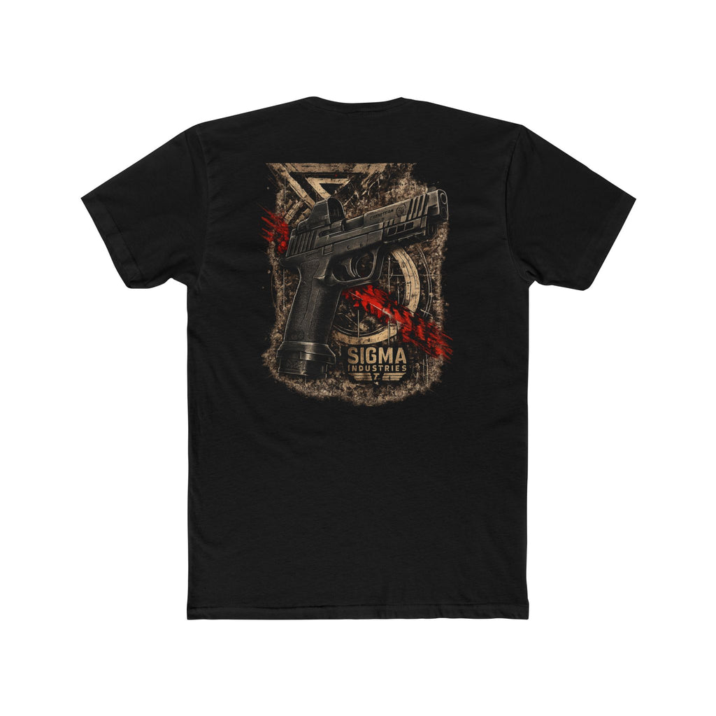 T-Shirt — 'SIGMA' Tactical Pistol Graphic Tee (black, distressed badge & handgun back print)