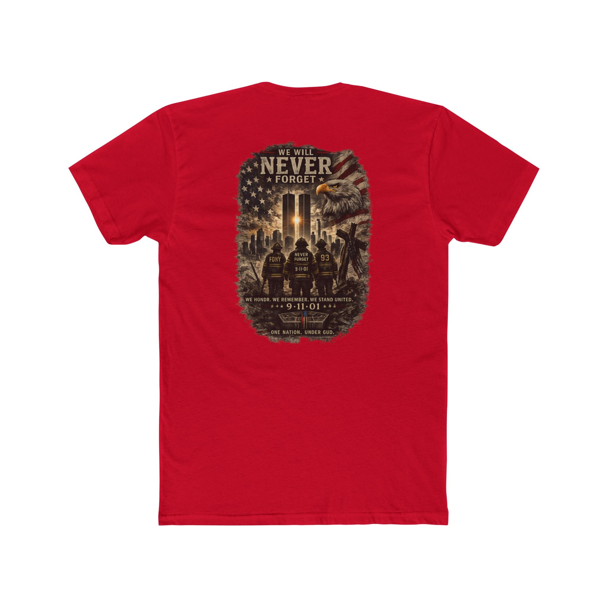 9/11 Never Forget Memorial T‑Shirt — Tribute Tee with Twin Towers Firefighters Design