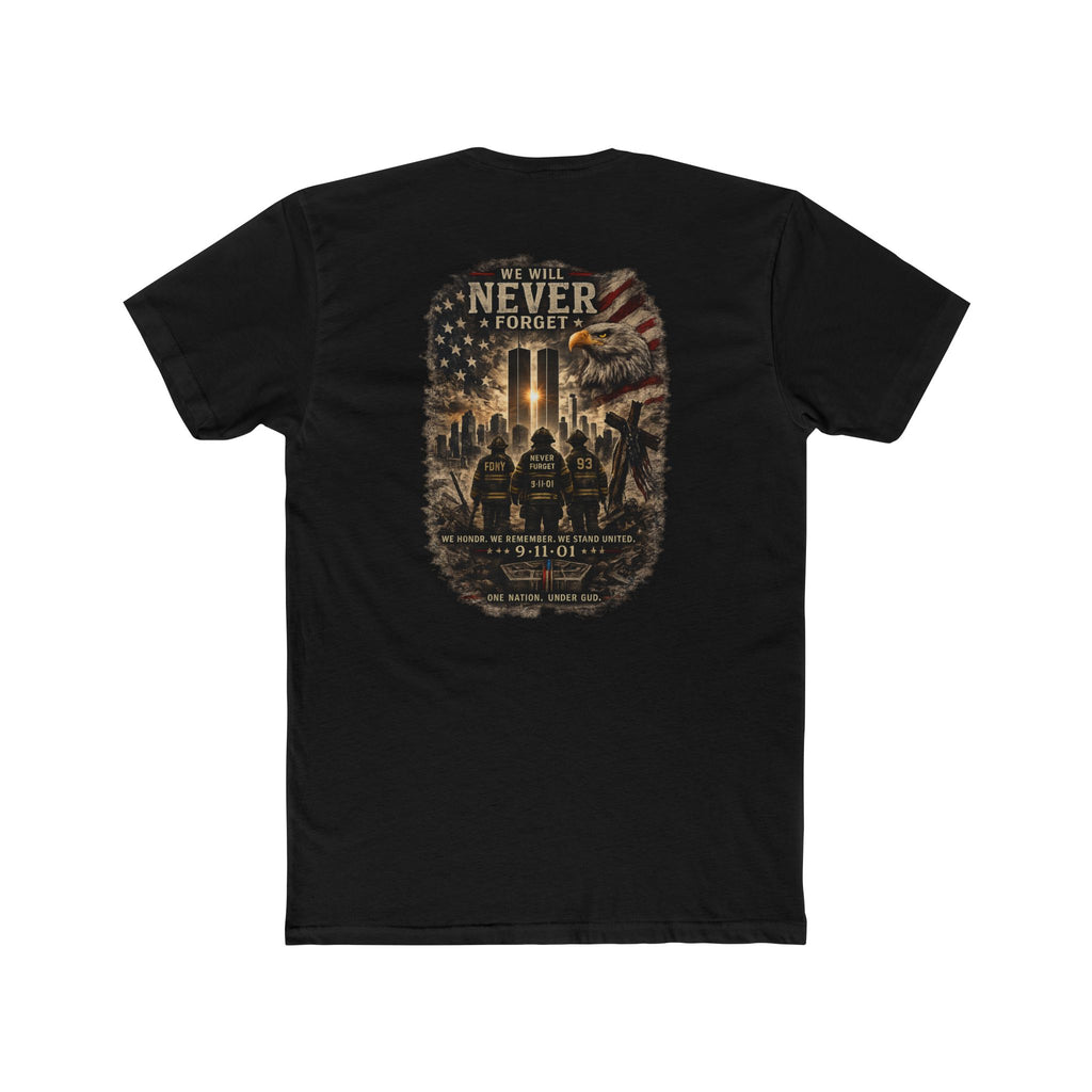 9/11 Never Forget Memorial T‑Shirt — Tribute Tee with Twin Towers Firefighters Design