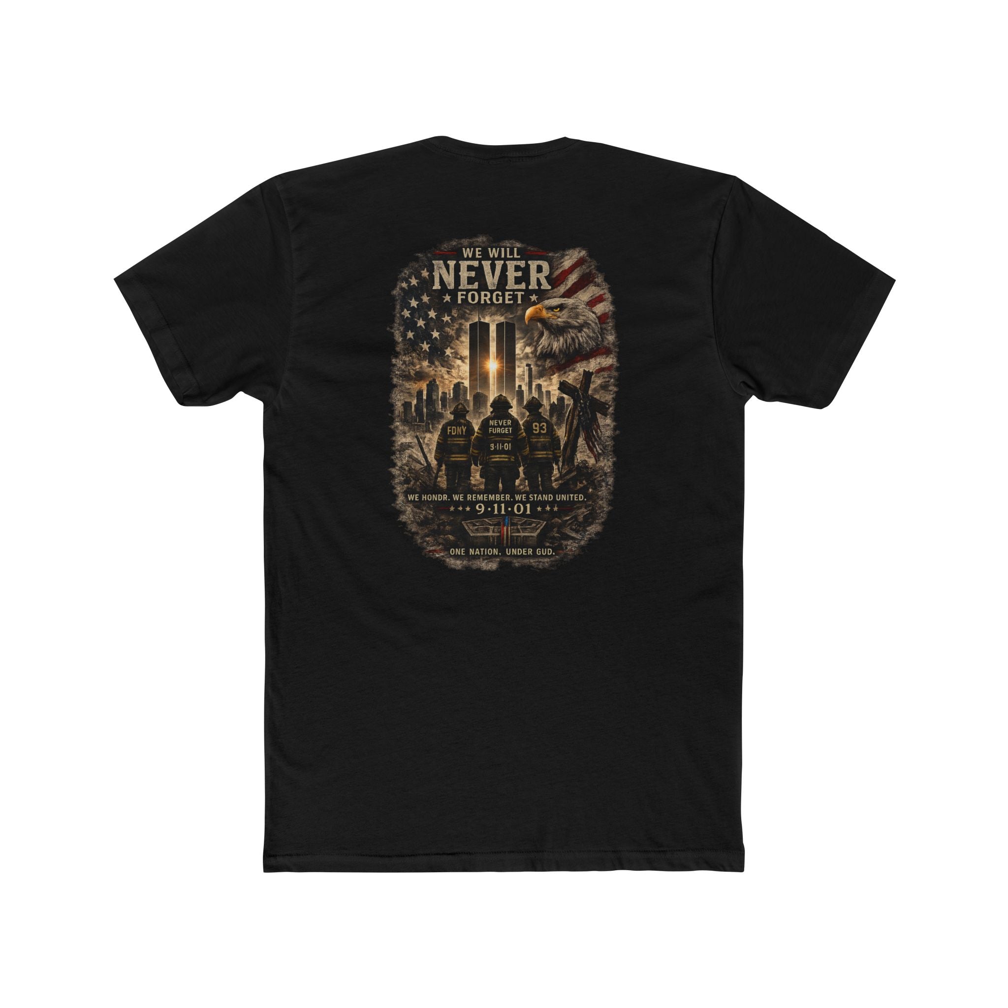9/11 Never Forget Memorial T‑Shirt — Tribute Tee with Twin Towers Firefighters Design