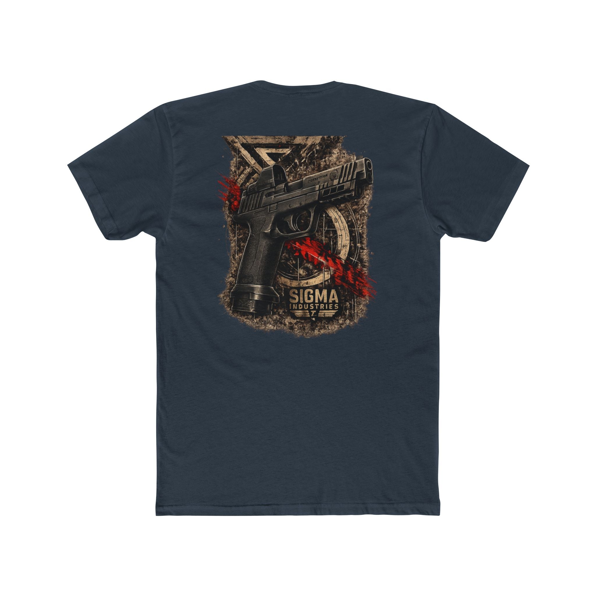T-Shirt — 'SIGMA' Tactical Pistol Graphic Tee (black, distressed badge & handgun back print)