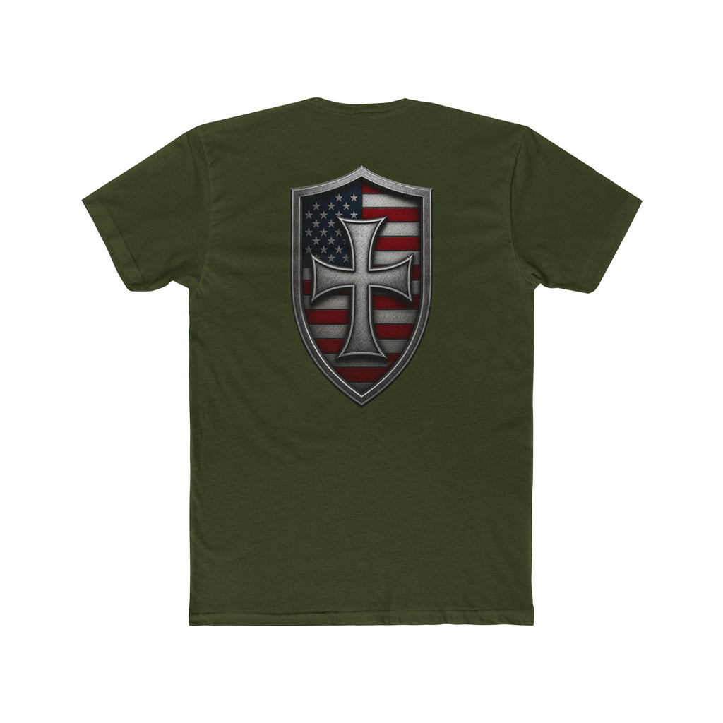 T-Shirt — Shield Crusader Cross with American Flag Graphic