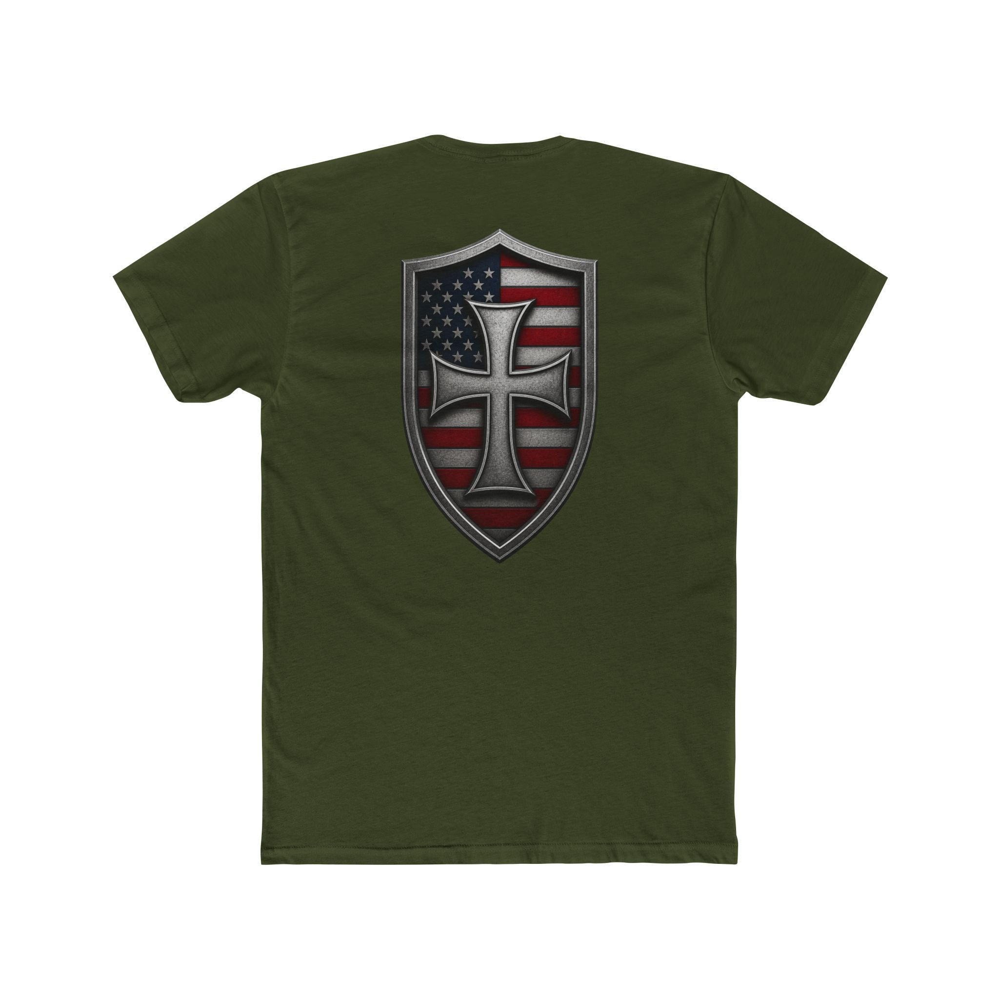 T-Shirt — Shield Crusader Cross with American Flag Graphic